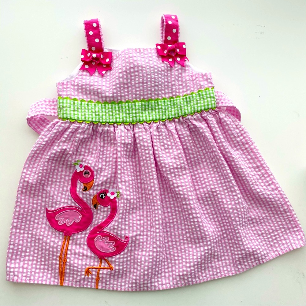 Emily Rose pink white green polka dot flamingo seersucker sundress Girls 2T